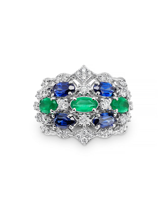 White Gold Ring with Sapphires and Emeralds